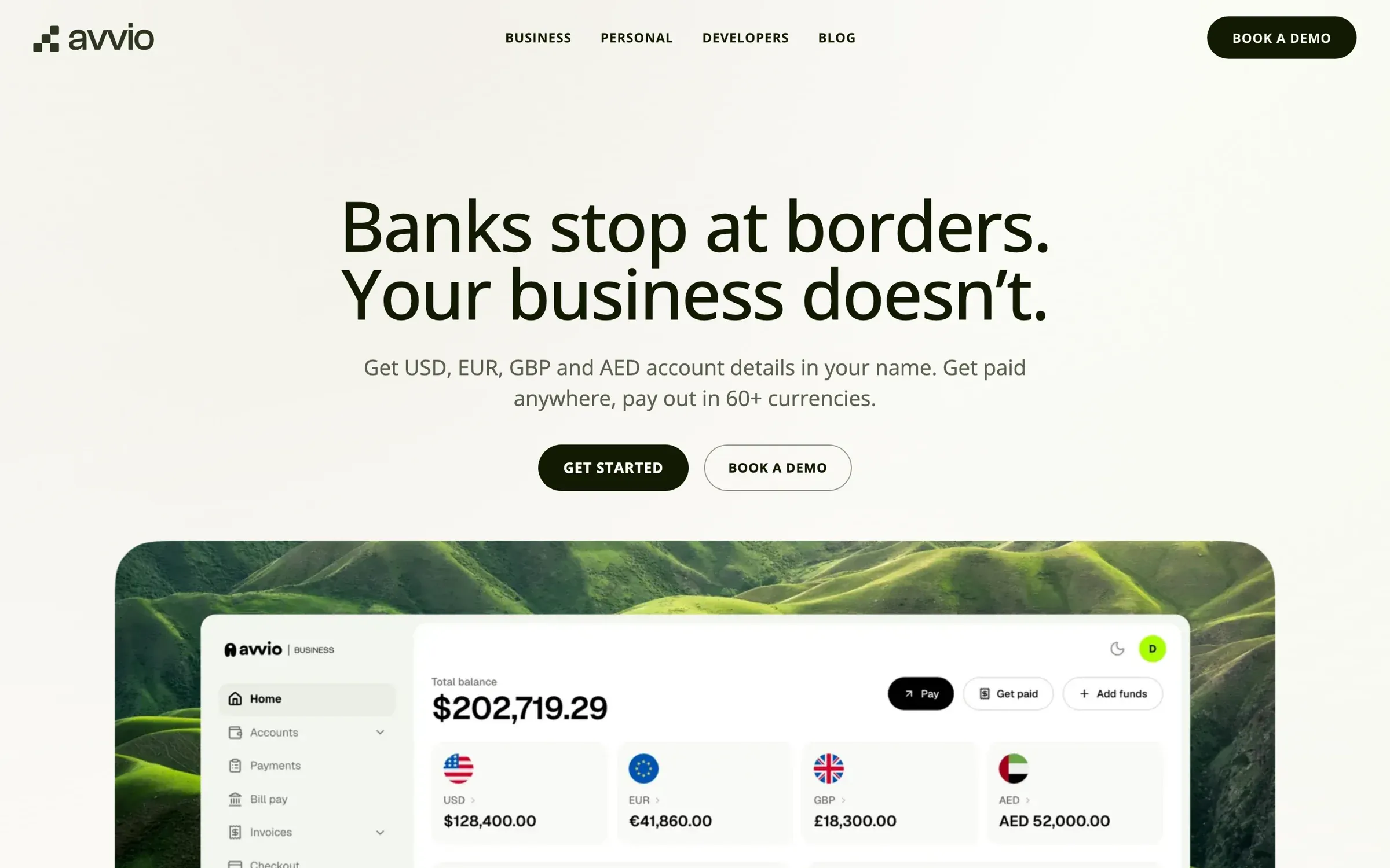avvio.xyz homepage: Banks stop at borders. Your business doesn't.