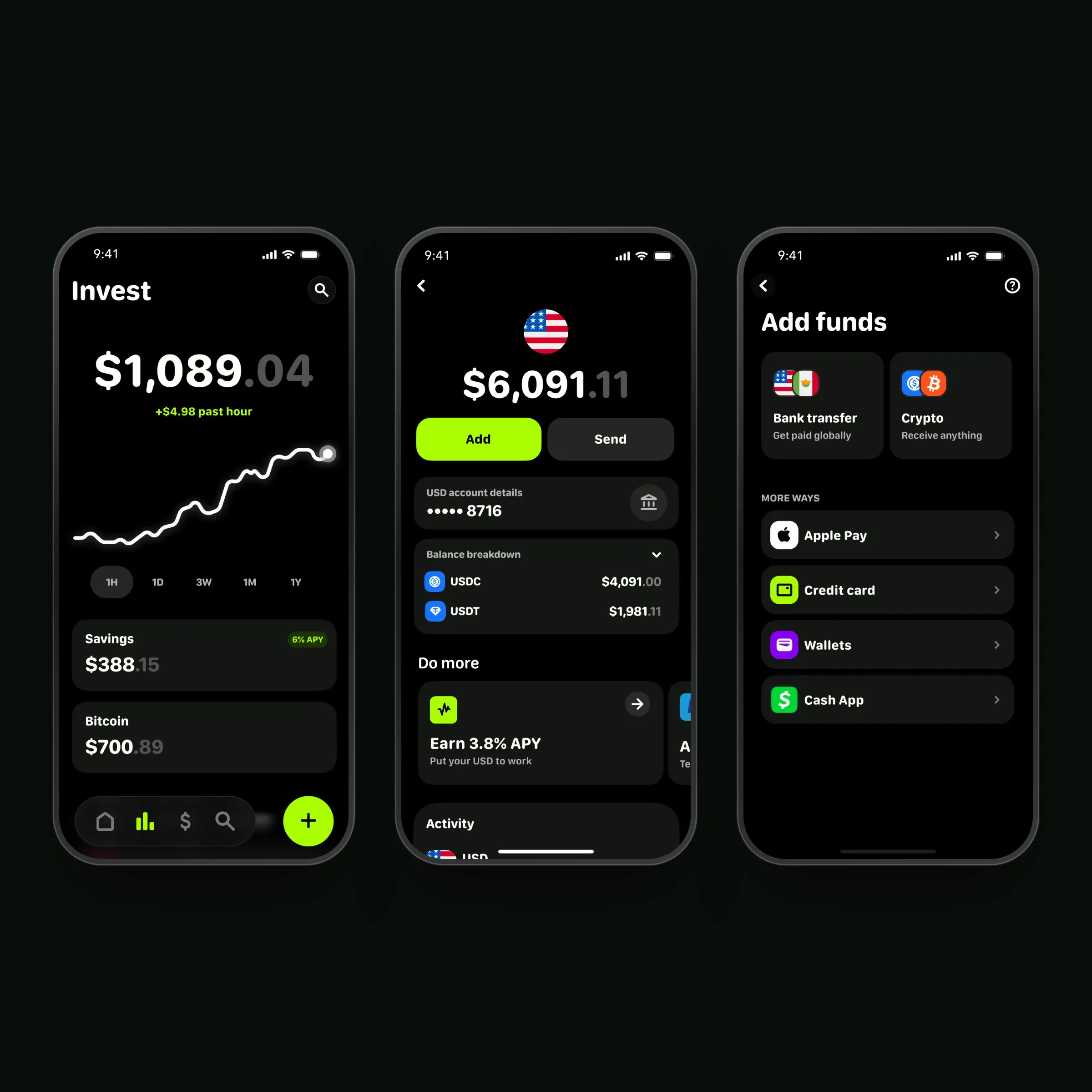 Avvio app logo, home, pay, savings, the send flow, invest, USD account and add funds