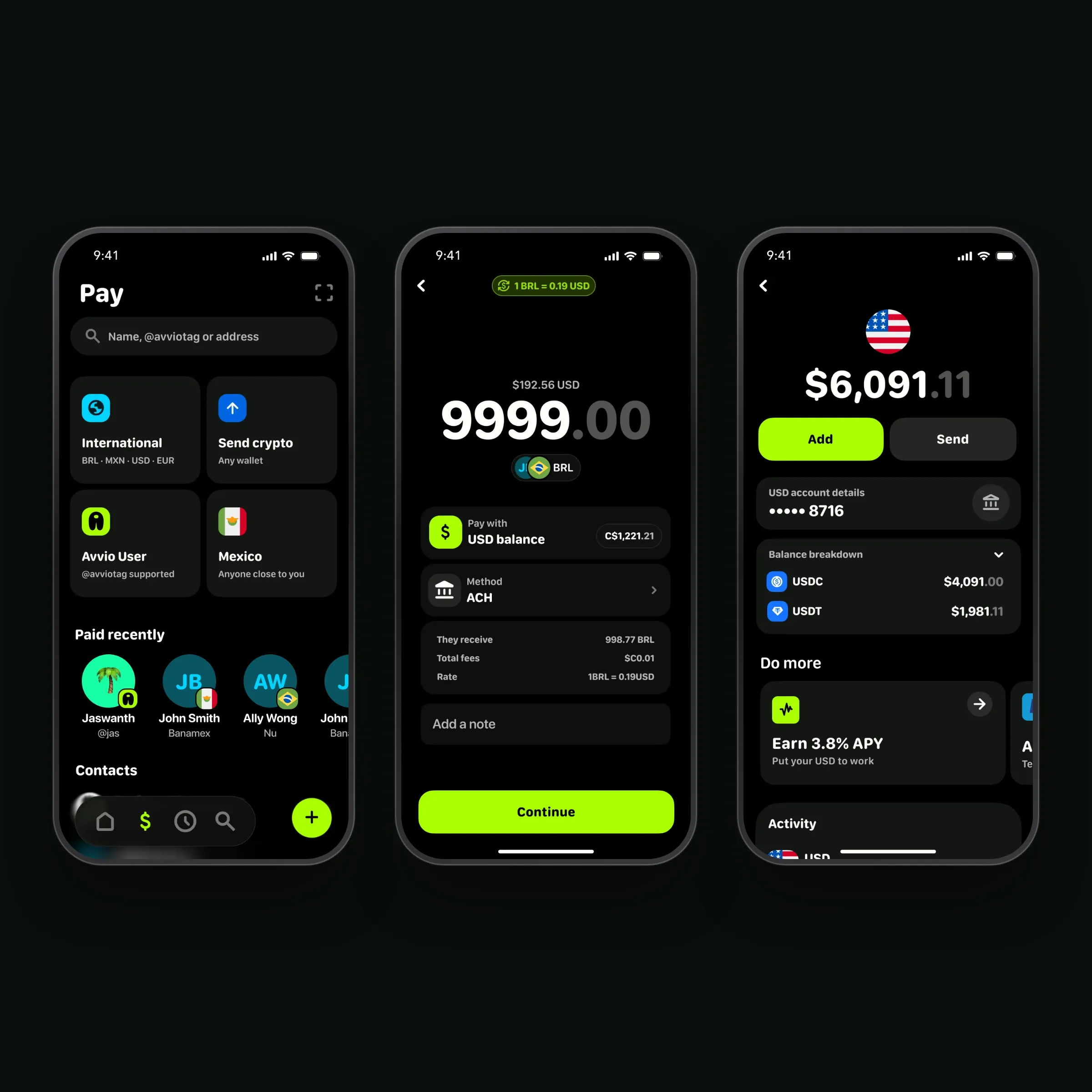 Avvio quick actions and the pay, send and USD screens